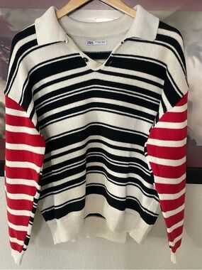 Zara Men's Striped V-Neck Polo Sweater - Black, White & Red